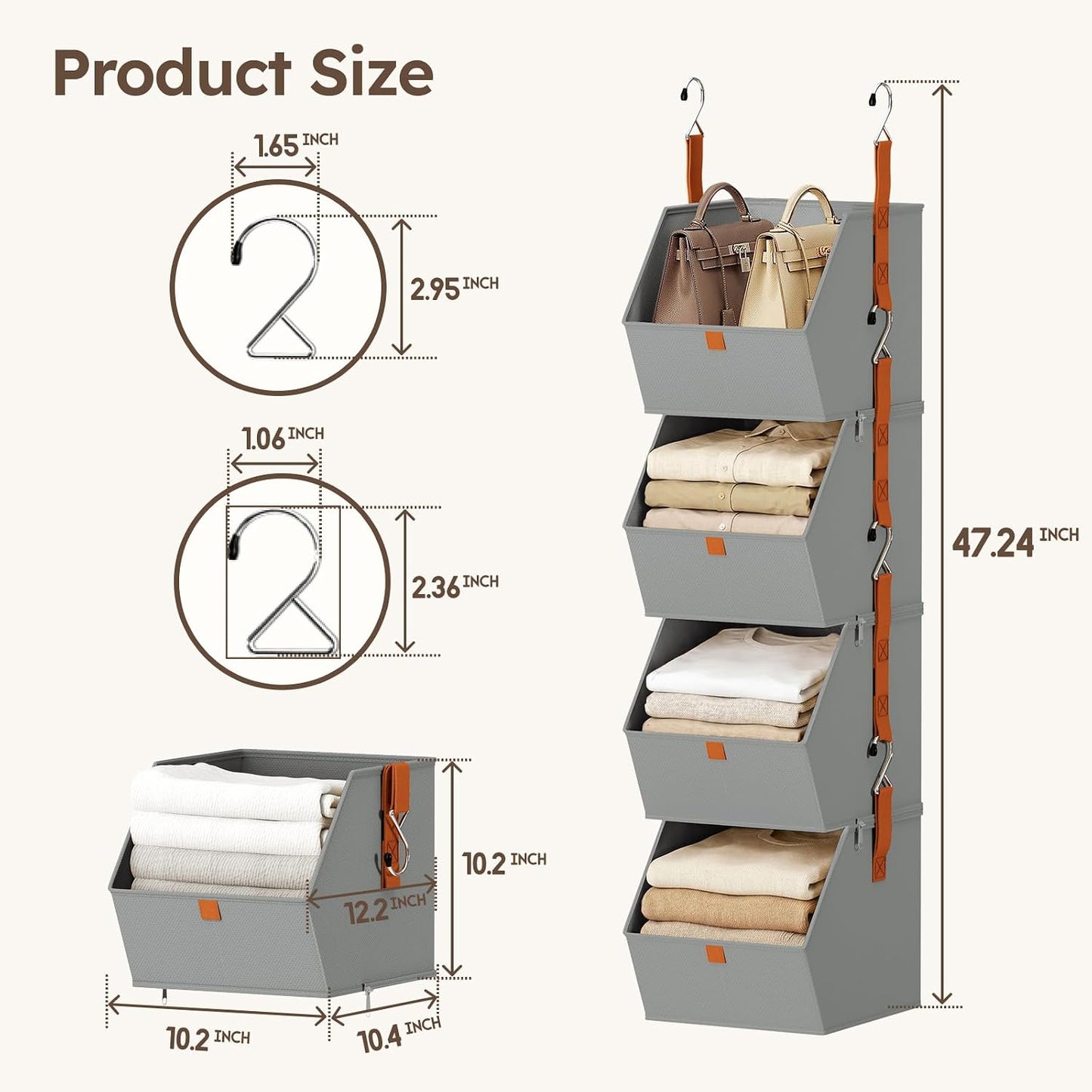 Homsorout Hanging Closet Organizer 4 Tier - Clothes Hanging Shelves, Space-Saving Closet System, Fabric Storage Bins Bedroom Organization, Collapsible Baskets for Home, Dorm, Rv, Beige
