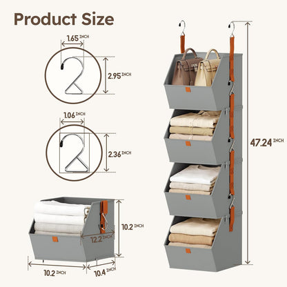 Homsorout Hanging Closet Organizer 4 Tier - Clothes Hanging Shelves, Space-Saving Closet System, Fabric Storage Bins Bedroom Organization, Collapsible Baskets for Home, Dorm, Rv, Beige