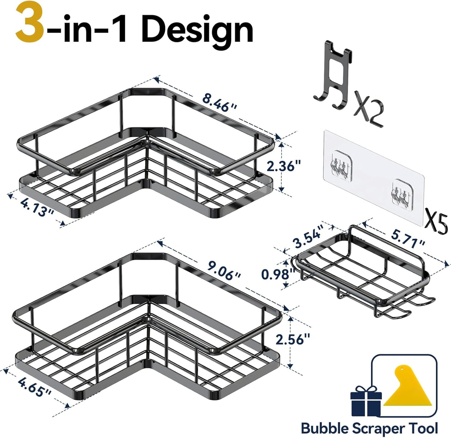 YASONIC Corner Shower Caddy, 5-Pack Adhesive Rustproof Stainless Steel Shower Organizer with Soap Holder, No Drilling Shower Shelf for Inside Shower, Dorm, Renters, Black