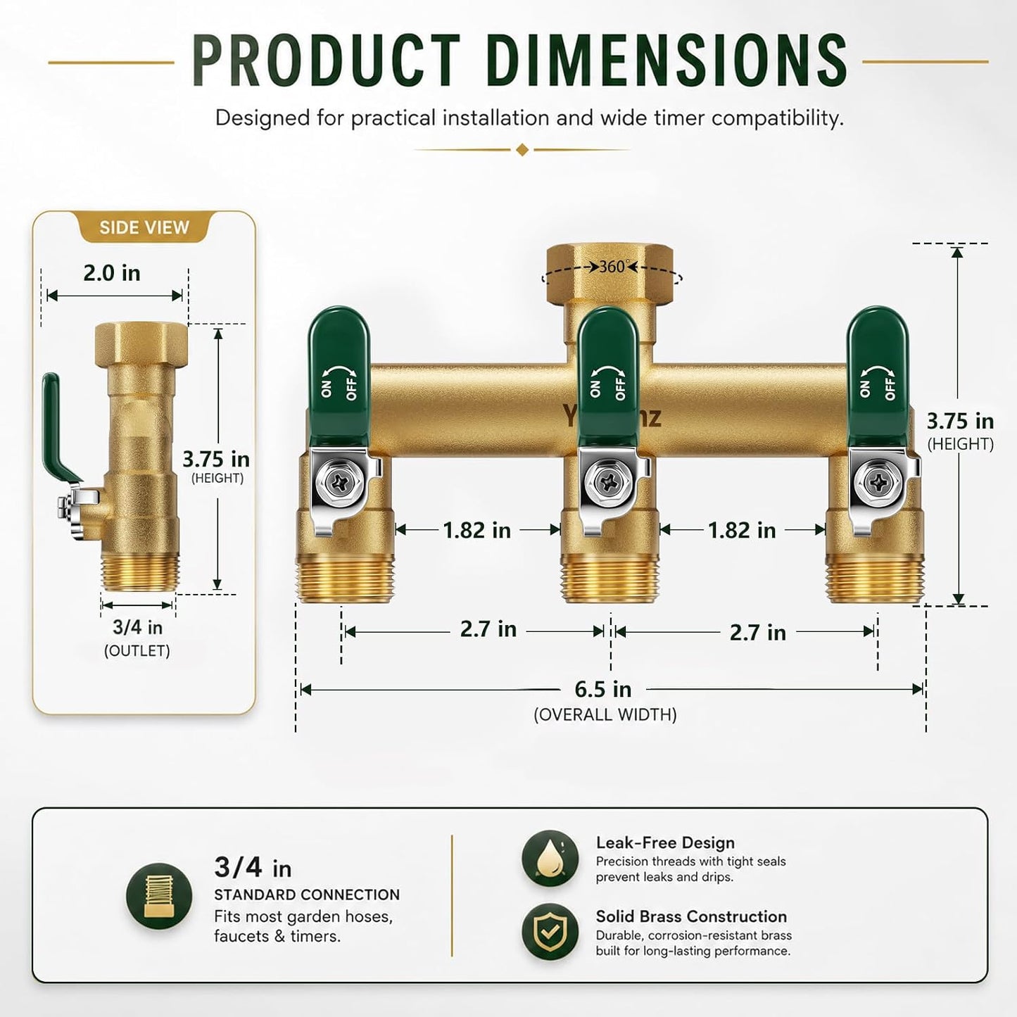 Garden Hose Splitter 3-Way, Heavy Duty Brass Hose Splitter | Outdoor Water Spigot Splitter, Full Flow, Long Handles, Shut-off Valves, Wide Spacing Fit Large Timer