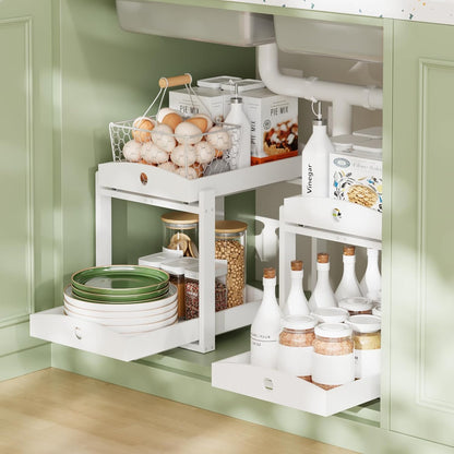 APRTAT 2 Pack Under Sink Organizer, Bamboo Wooden 2-Tier Pull-Out Storage with Sliding Drawers for Kitchen and Bathroom Cabinets, Easy Installation (Natural)