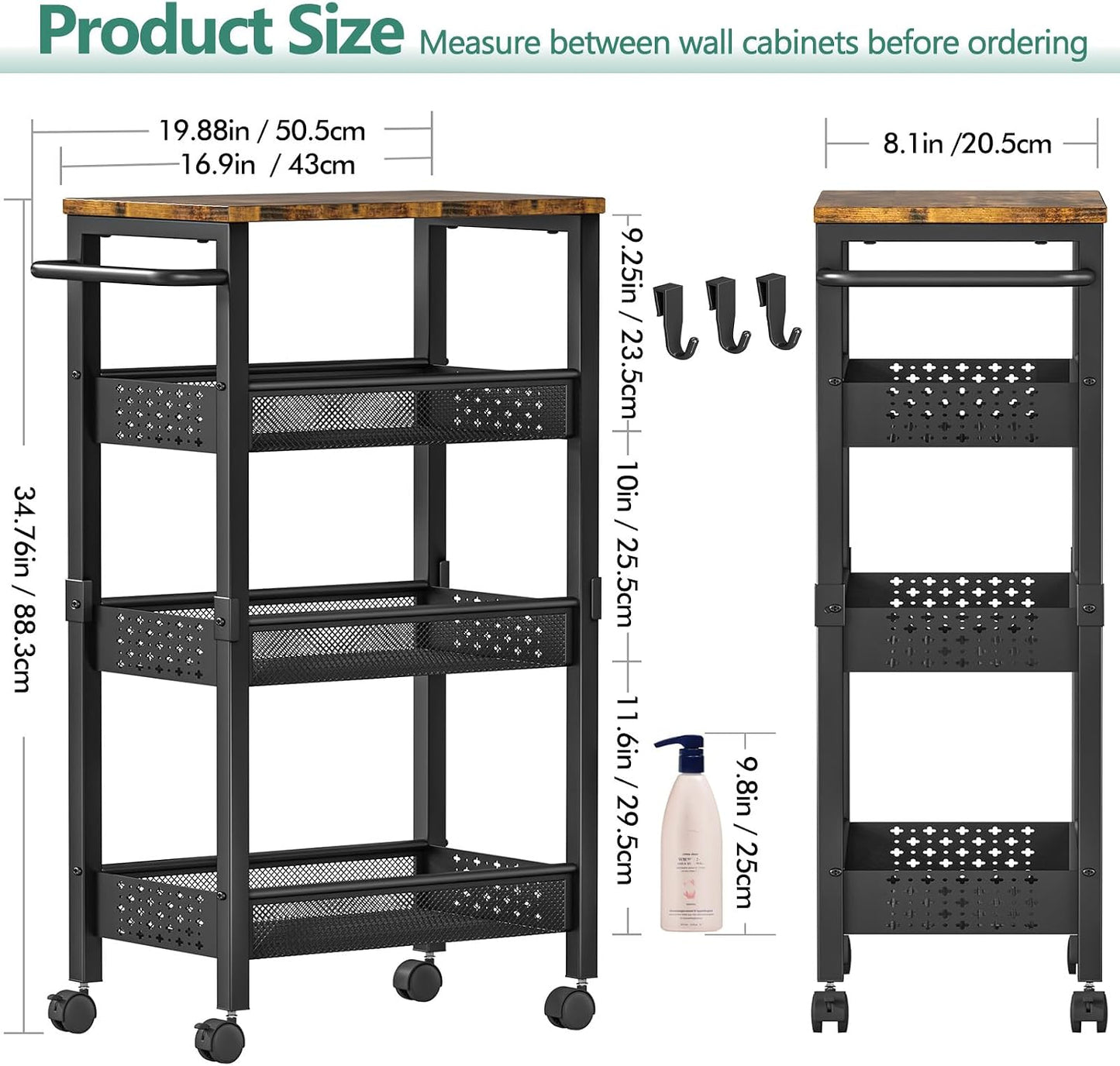Vivihomety Utility Slim Storage Cart with Wheels, 4 Tier Small Rolling Cart with Wood Top, Metal Kitchen Bathroom Laundry Room Organization Trolley with Handle for Narrow Space – Black