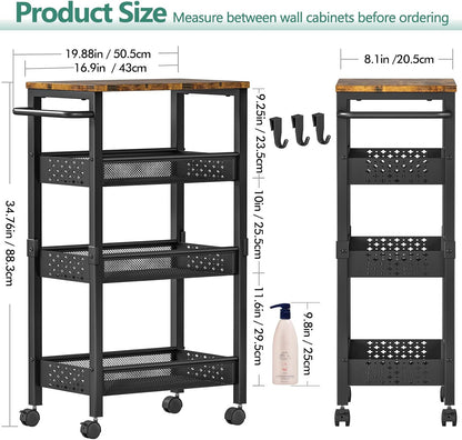 Vivihomety Utility Slim Storage Cart with Wheels, 4 Tier Small Rolling Cart with Wood Top, Metal Kitchen Bathroom Laundry Room Organization Trolley with Handle for Narrow Space – Black