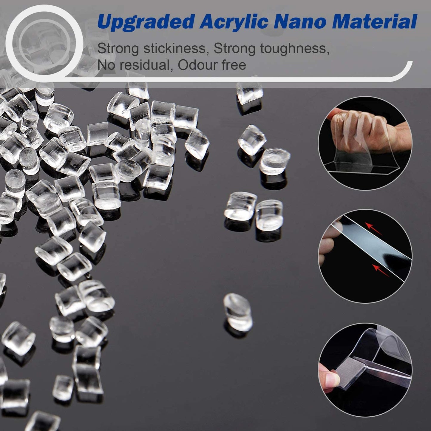 Double Sided Adhesive Tape Heavy Duty (9.85ft), Nano Washable Removable Gel Grip Tape, Clear Sticky Tape for Wall, Fix Carpet Photo Frame