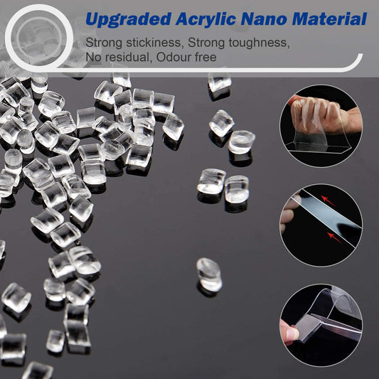 Double Sided Adhesive Tape Heavy Duty (9.85ft), Nano Washable Removable Gel Grip Tape, Clear Sticky Tape for Wall, Fix Carpet Photo Frame