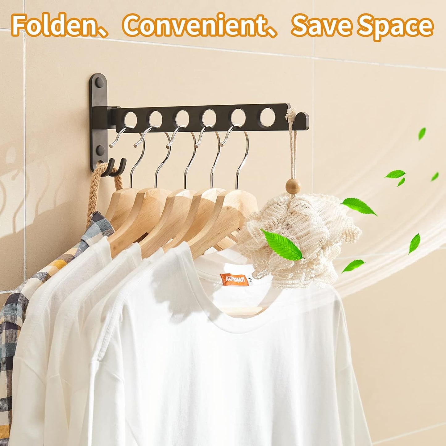JOOM Wall Mounted Clothes Drying Rack, Black, 1 Pack | Folding Clothes Hanger for Laundry Room, Retractable wall hanger folds flat, saves space in closets, bathrooms, Small Spaces