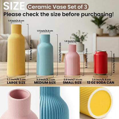 White Ceramic Flower Vases Set of 3, Modern Matte Vertical Ribbed, Nordic Minimalist Decor for Pampas, Dried & Fresh Flowers, Centerpiece for Living Room, Shelf, Entryway, Wedding,Office