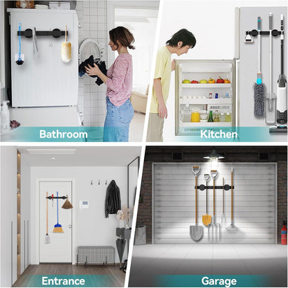 Magnetic Mop Broom Holder, Strong Non Slip Magnetic Broom Mop Hanger, Heavy Duty Magnetic Hooks for Hanging Shovel Rake Tools, Wall Mounted Utility Storage Magnet Rack 4 Rack