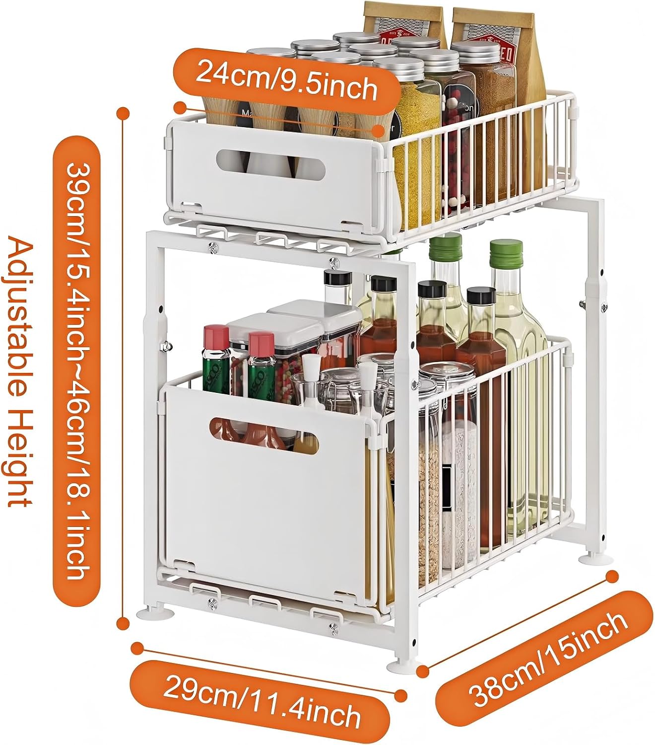 Under Sink Organizer, 2-Tier Multi-Use Kitchen and Bathroom Organizers and Storage, Slide Out Thickened Metal Under The Sink Organizer for Kitchen Bathroom Pantry (Style A White, 1 Pack)