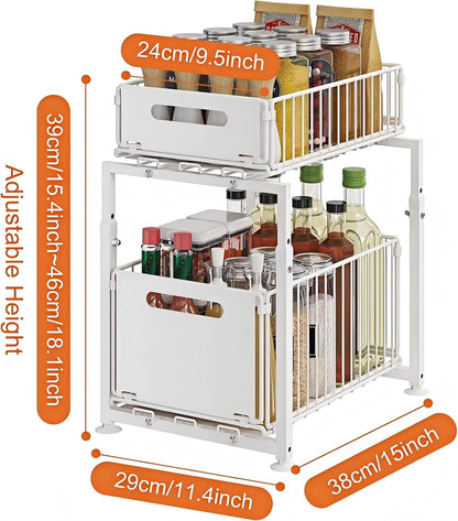 Under Sink Organizer, 2-Tier Multi-Use Kitchen and Bathroom Organizers and Storage, Slide Out Thickened Metal Under The Sink Organizer for Kitchen Bathroom Pantry (Style A White, 1 Pack)