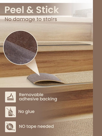 Stair Treads for Wooden Steps Indoor, Peel and Stick Stair Tread,Stair Runners, Non-Slip Carpet Stair-Treads for Kids, Elders & Pets, Machine Washable, Reusable(15PCS,30"x8",Beige)