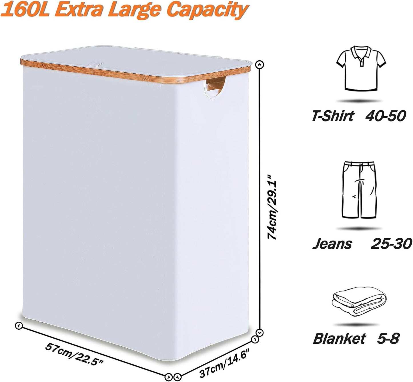 efluky Laundry Hamper with Lid, Trio Laundry Basket with 2 Removable Bags, 3 Section Laundry Bin with Bamboo Handles for Bathroom, Bedroom & Laundry Room, 160L (42.3 Gallon) Beige