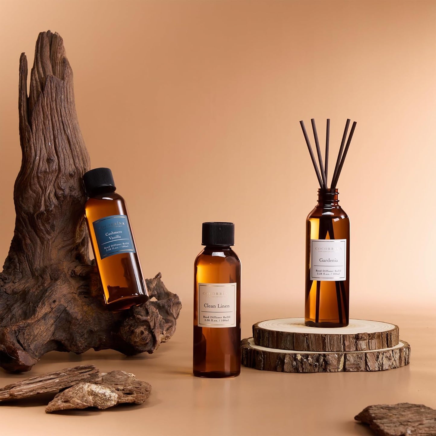 COCORRÍNA Reed Diffuser Refill Set, 10.2oz Scented Oil Refill 3 Pack, Clean Linen, Ocean Mist, Eucalyptus & Moss, Long Lasting Oil Diffuser Refill with 18 Sticks for Bathroom & Bedroom