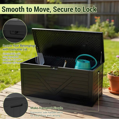 Outdoor Storage Box, 98 Gallon Deck Box, Outdoor Storage Bench, Waterproof Resin Storage Bench with Lockable Lid, Patio Furniture Cushions & Garden Tools Storage, UV Resistant (Black)