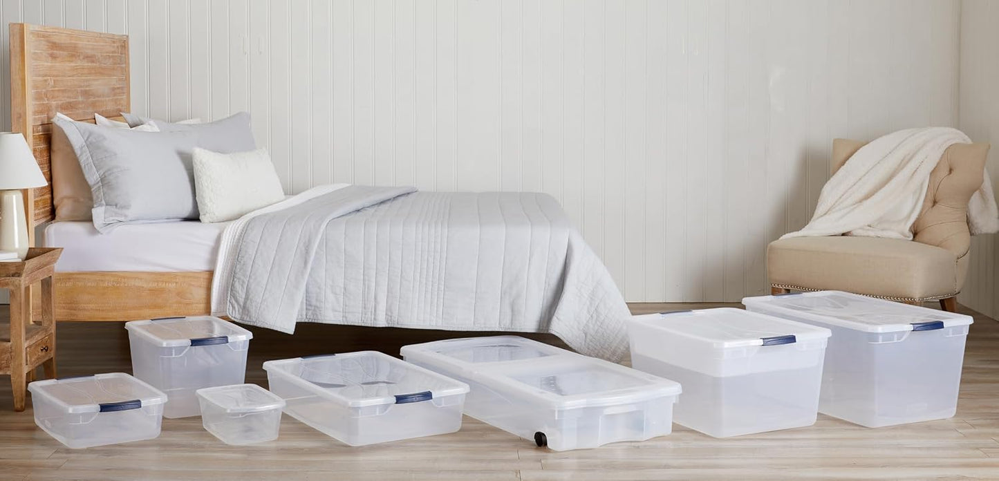 Rubbermaid 68 Quart Under the Bed Low Profile Storage Boxes with Dual Hinged Lids and Easy Rolling Caster Wheels, Clear, 2 Pack