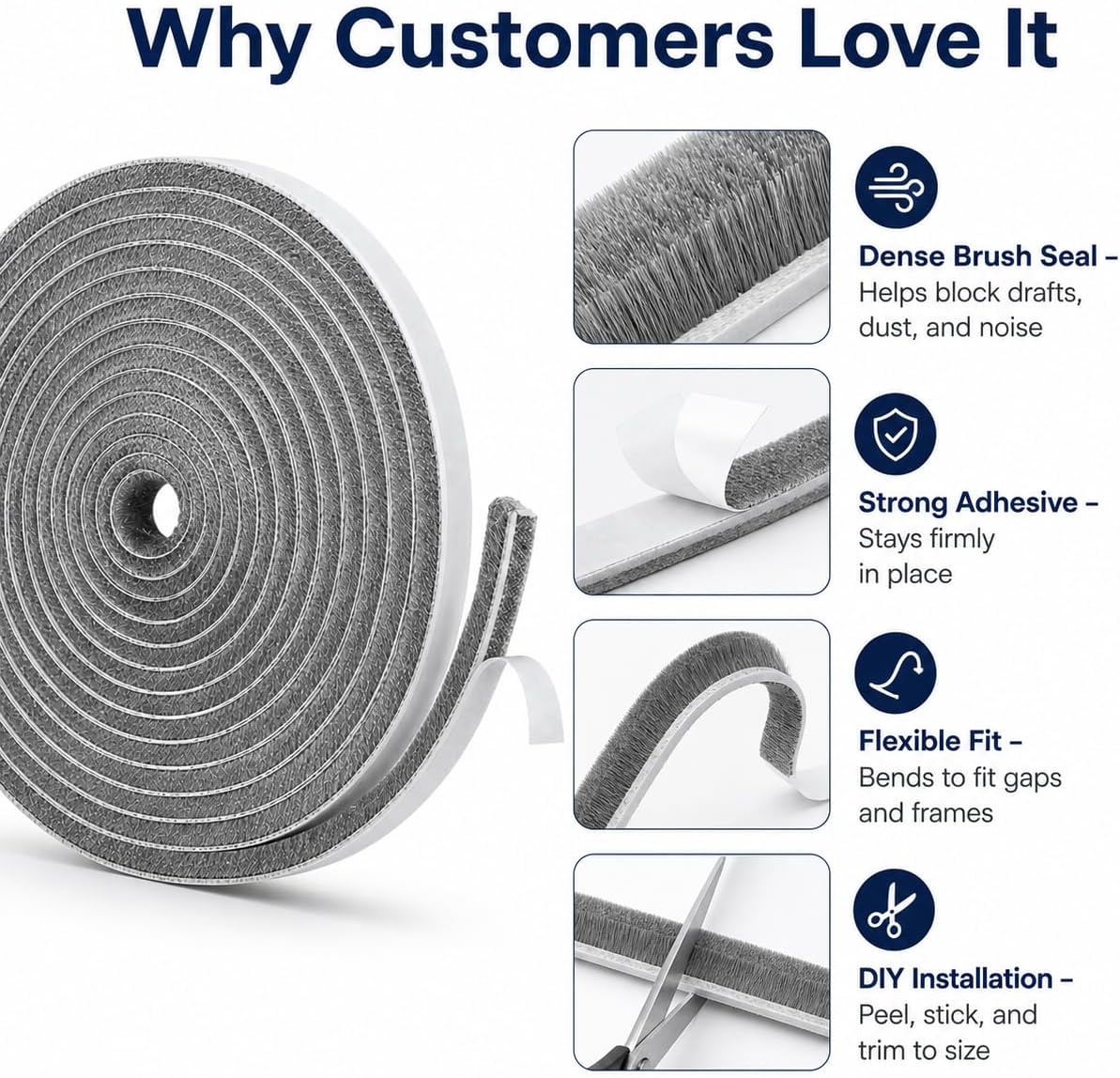 Self-Adhesive Door Draft Stopper & Weather Stripping Door Seal – Gray, 33 Ft x 0.35" Wide x 0.35" Thick Foam Seal Strip – Draft Blocker, Noise Reduction, Insulation