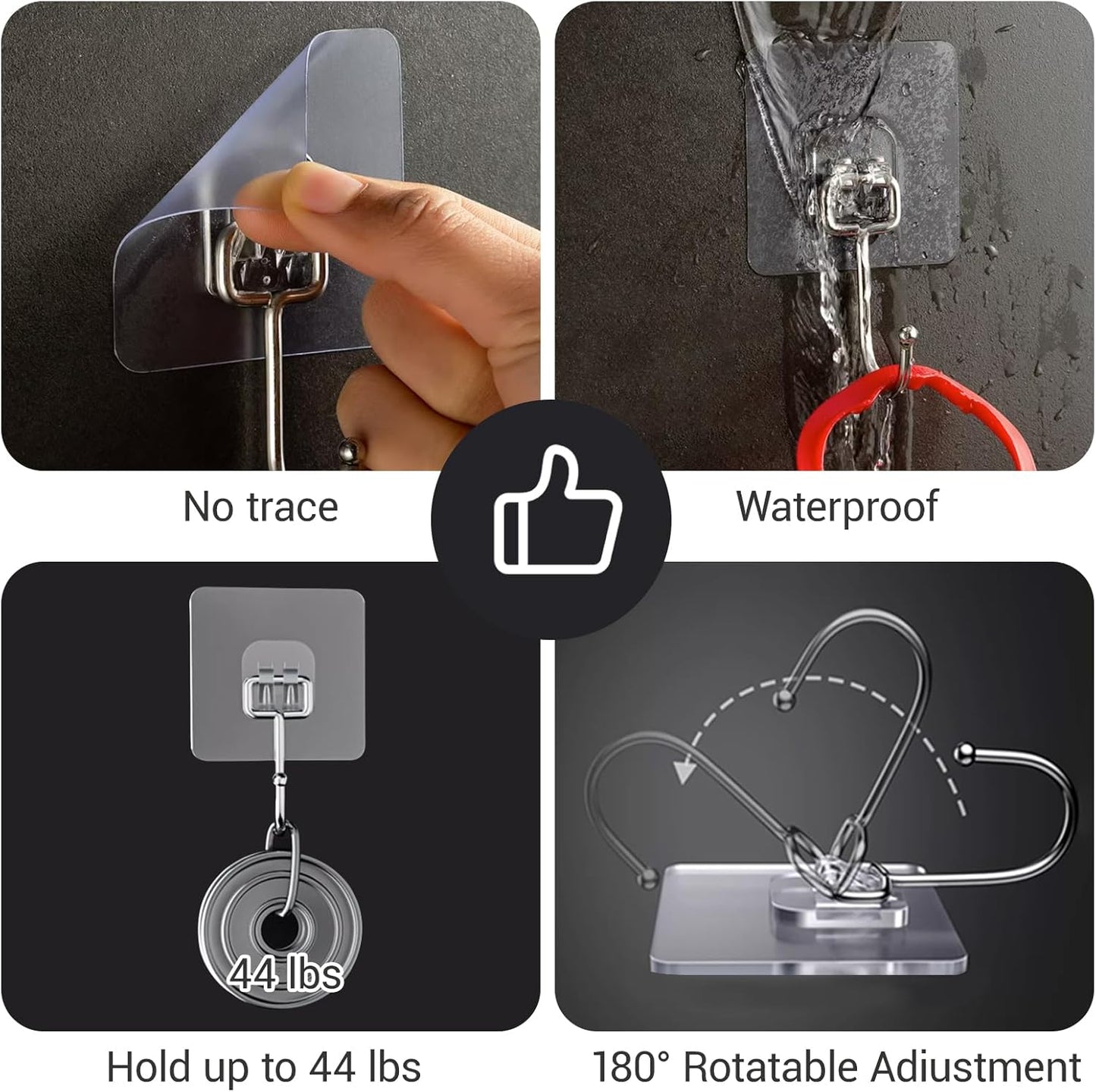 Large Adhesive Hooks, 18 Pack Hold 44lb(Max) Heavy-Duty Sticky Hooks,Waterproof & Rustproof Wall Hook for Hanging Can be Use Kitchen Bathroom Outdoor Ceiling Office, Transparent