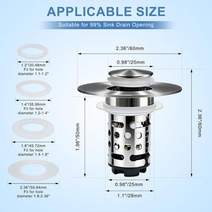 Upgraded 3 in 1 Bathroom Sink Drain Strainer, Universal Pop Up Stopper with Removable Stainless Steel Filter Basket Hair Catcher, Sink Plug for 1.1''~2.36'' Basin, Brushed Nickel Finish (2PC)