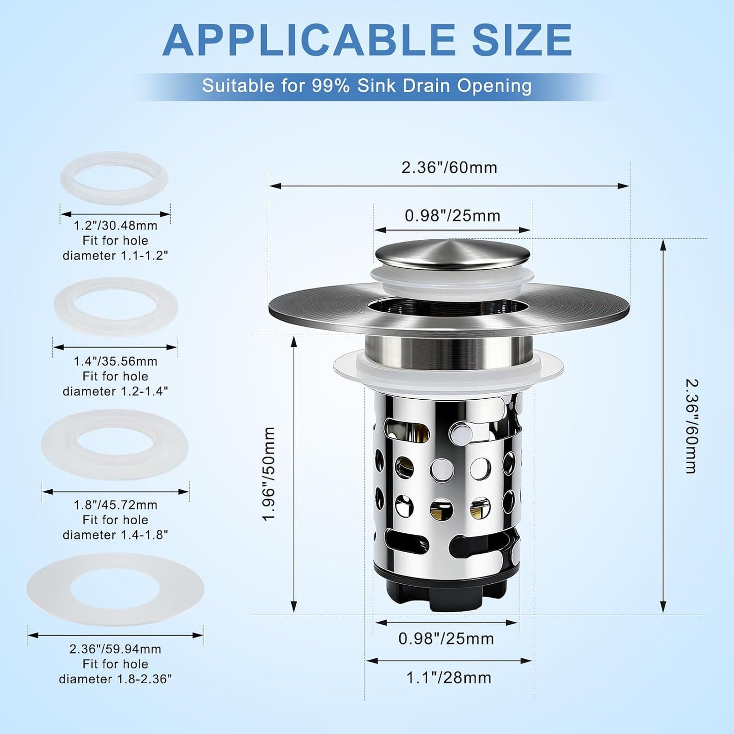 Upgraded 3 in 1 Bathroom Sink Drain Strainer, Universal Pop Up Stopper with Removable Stainless Steel Filter Basket Hair Catcher, Sink Plug for 1.1''~2.36'' Basin, Brushed Nickel Finish (1PC)