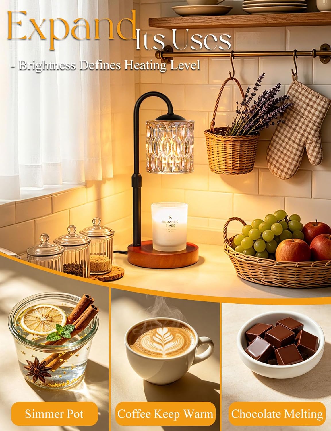 Briever Dimmable Candle Warmer Lamp with Timer, Height Adjustable Electric Candle Wax Warmer, Christmas Birthday Gifts for Women Mom, House Warming Gifts New Home Room Decor, Walnut Solid Wood Base