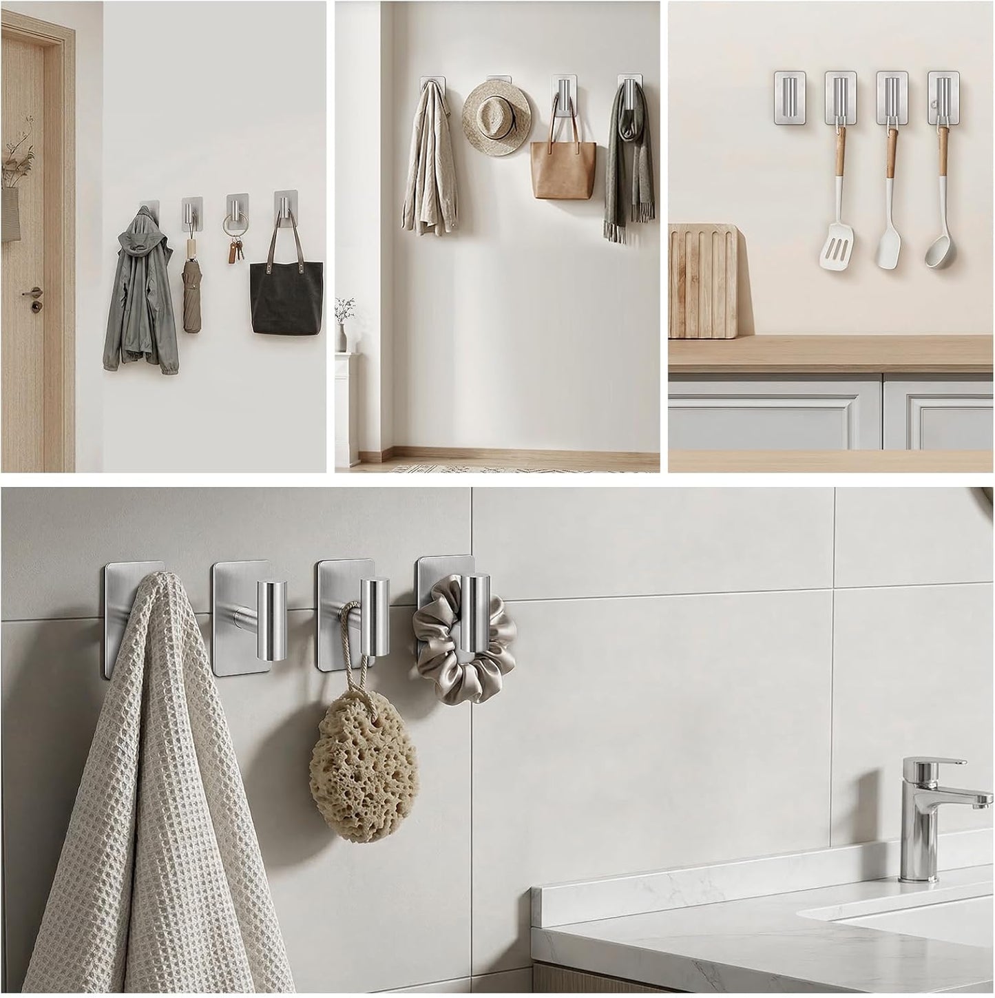 NearMoon Adhesive Hooks - Premium Stainless Steel Shower Holder Wall Hooks Heavy Duty Robe Towel Hangers Stick on Wall for Bathroom Kitchen (Brushed Nickel)