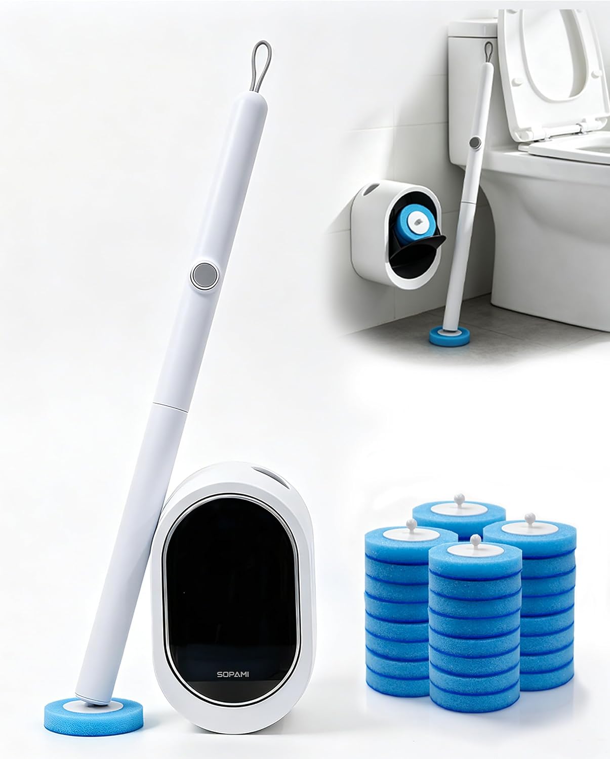 SOPAMI Disposable Toilet Brush with 32 Refills Deep Cleaning Touch Free | Auto Lid Opener Wall-Mounted Toilet Wand Kit for Deep Cleaning Bathroom Touch Free Access Toilet Bowl Cleaner