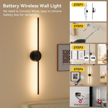 Ouyulong Battery Operated Wall Sconces Set of 2, 10000mAh Wireless Rechargeable 3000-6000K Dimmable 350° Rotate Wall Light with Remote for Living Room, Bedroom 31.6in Black