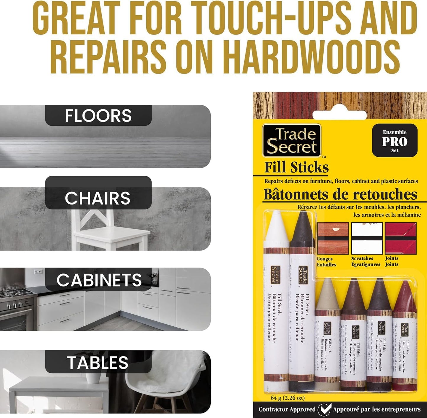 Wood Scratch Repair Fill Stick for Light Surfaces (Set of 3), Great for Touch-Ups and Repairs on Hardwoods Floors, Furniture, Cabinets and Plastic Surfaces.