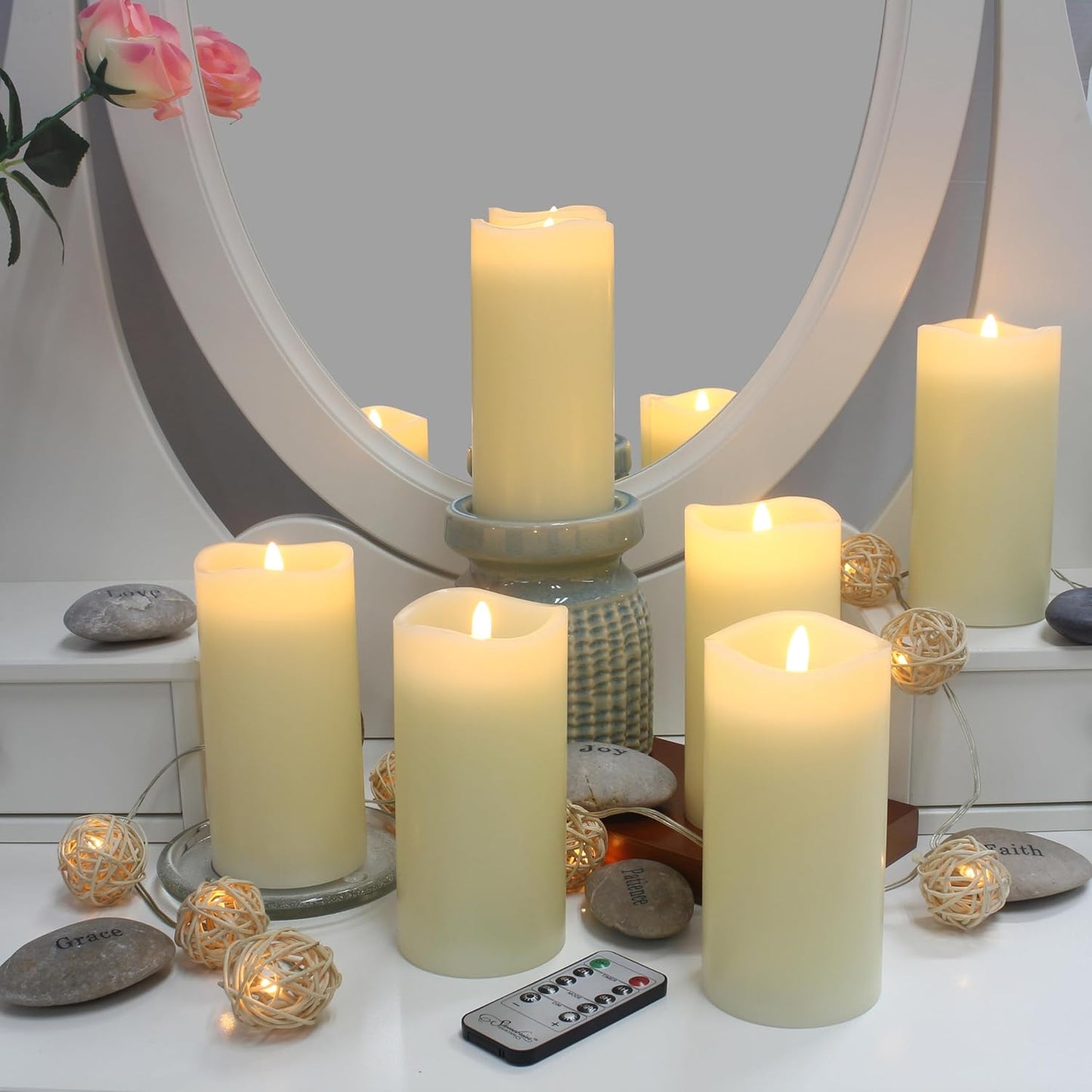 Stonebriar 6 Count White Real Wax 3x3 Flameless LED Pillar Candles with Remote and Timer