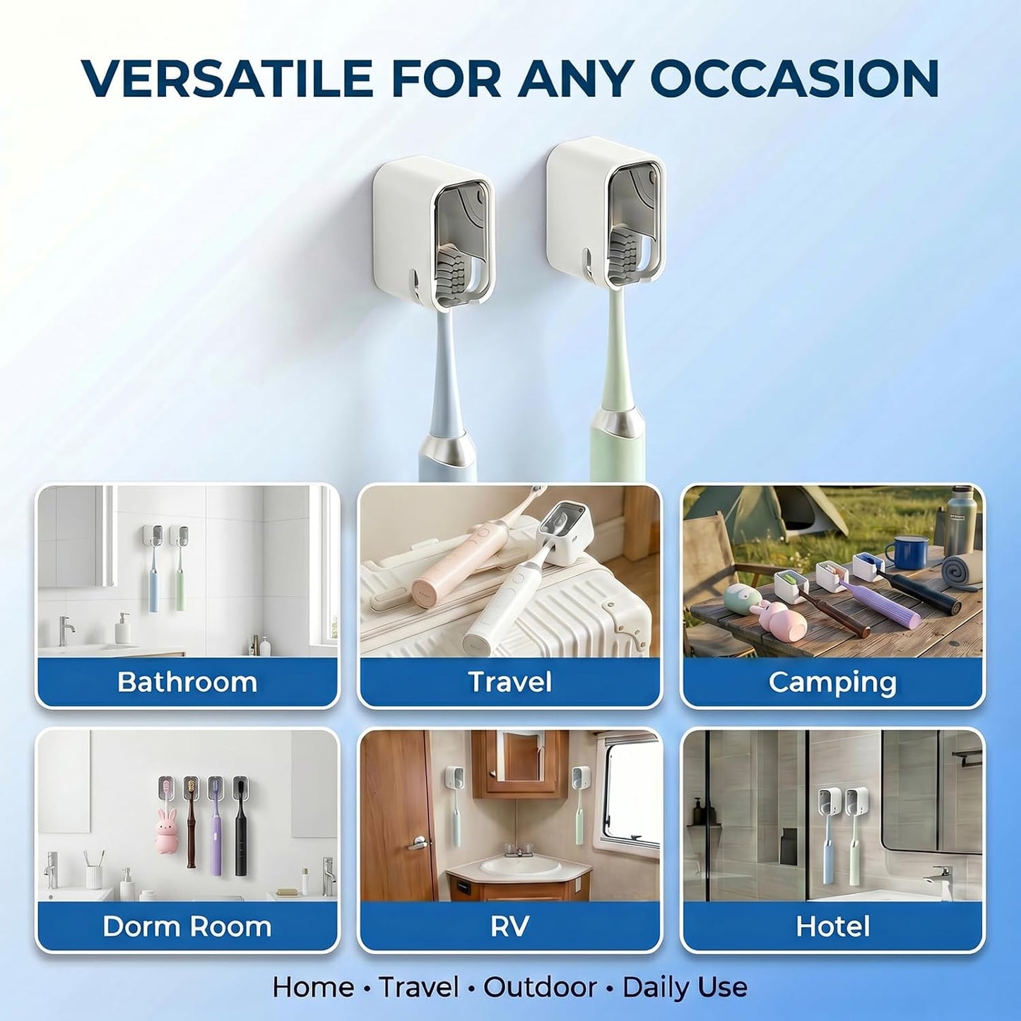 2-in-1 Toothbrush Covers Caps with Adhesive Holder, Portable Electric Toothbrush Head Protector, Wall Mount Toothbrush Organizer for Bathroom & Travel