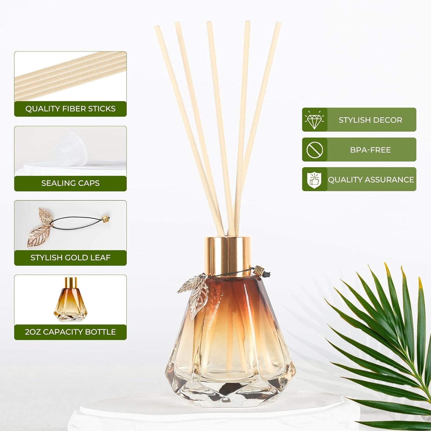 Reed Diffuser Set - 4 Empty Bottles with 20 Sticks, Delicate Gold Leaf Decor, Glass Fragrance Diffuser with Lids for Home, Bathroom | Refillable, Diamond Style (4 PCS Black)