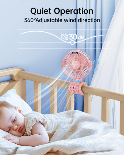 SWEETFULL [2026 Upgrade Portable Stroller Fan with LED Display, 4 Speed Rechargeable Mini Clip On Fan, 360° Rotate Flexible Tripod Better Cooling Small Baby Fan for Car Seat Crib Travel Treadmill