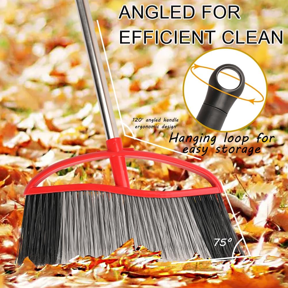 Commercial Heavy Duty Outdoor Broom, 15.7" Extra Wide Angle Broom with 4-Layer Stiff Bristles, Adjustable 38-53.5" Handle for Patio Garage Garden Yard Concrete (Red)