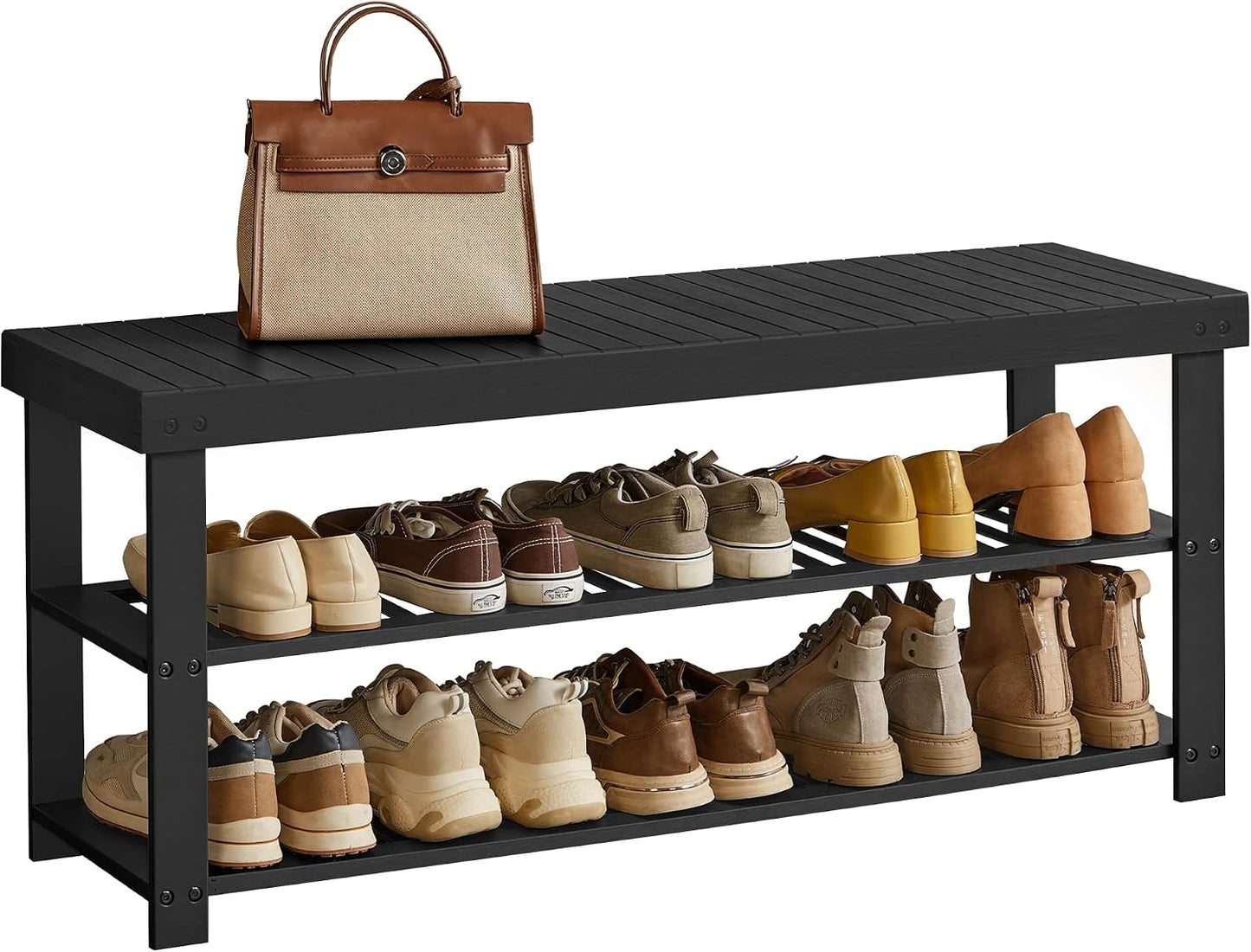 SONGMICS Shoe Rack Bench, 3-Tier Bamboo Shoe Storage Organizer, Entryway Bench, Holds Up to 286 lb, 11.3 x 27.6 x 17.8 Inches, for Entryway Bathroom Bedroom, Ink Black ULBS04H