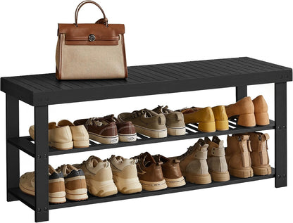 SONGMICS Shoe Rack Bench, 3-Tier Bamboo Shoe Storage Organizer, Entryway Bench, Holds Up to 286 lb, 11.3 x 27.6 x 17.8 Inches, for Entryway Bathroom Bedroom, Ink Black ULBS04H