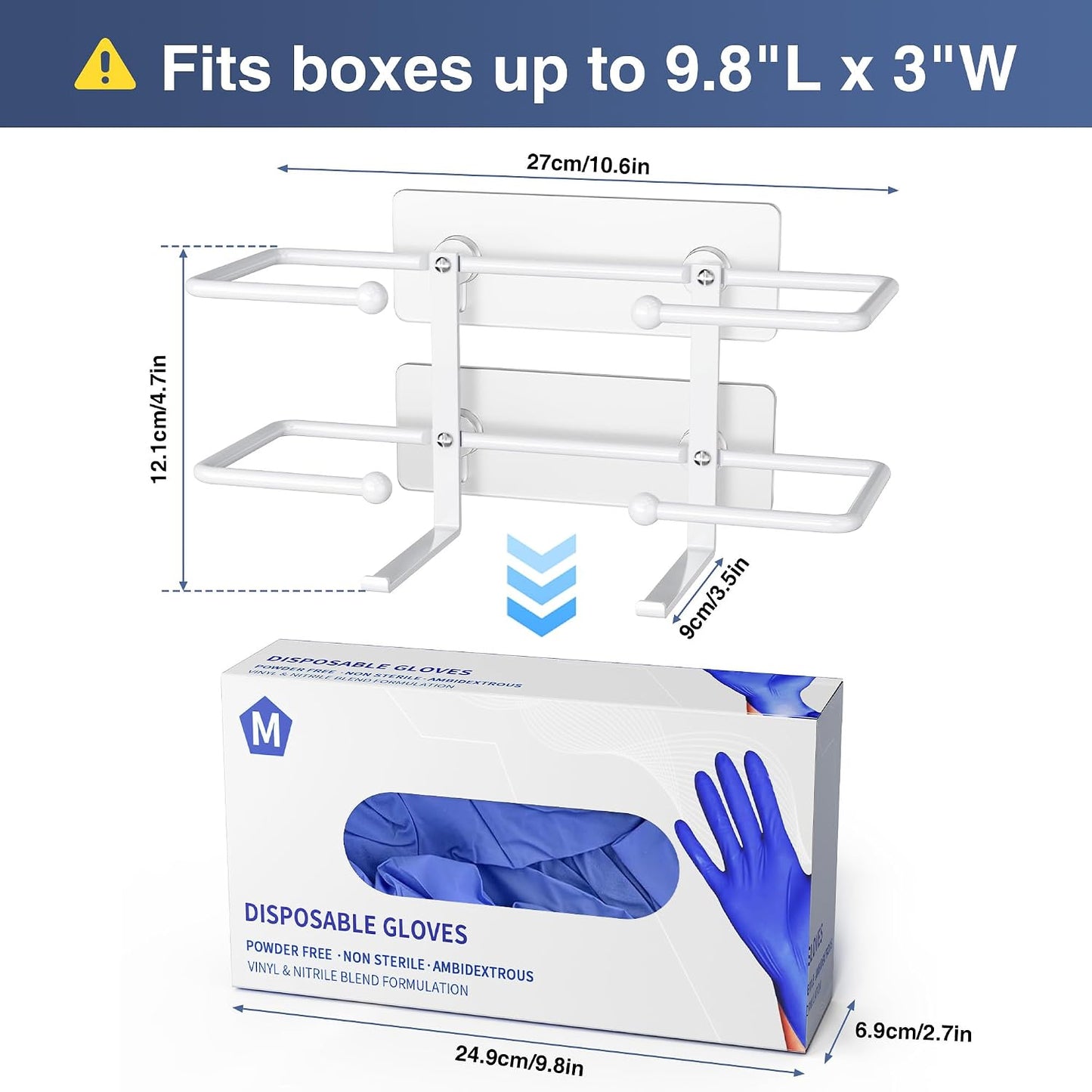 Glove Box Holder, Adhesive Wall-Mounted Metal Dispenser, Tool-Free Organizer for Rubber Latex Gloves, Facial Tissue and Storage, Black