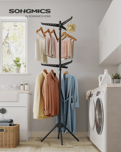 SONGMICS 2-Tier Clothes Drying Rack, 72-Inch Folding Laundry Drying Rack with 3 Rotatable Arms for Hangers, 24 Clips, Stainless Steel, for 27 Pieces of Clothes, Blue and Silver ULLR512Q01