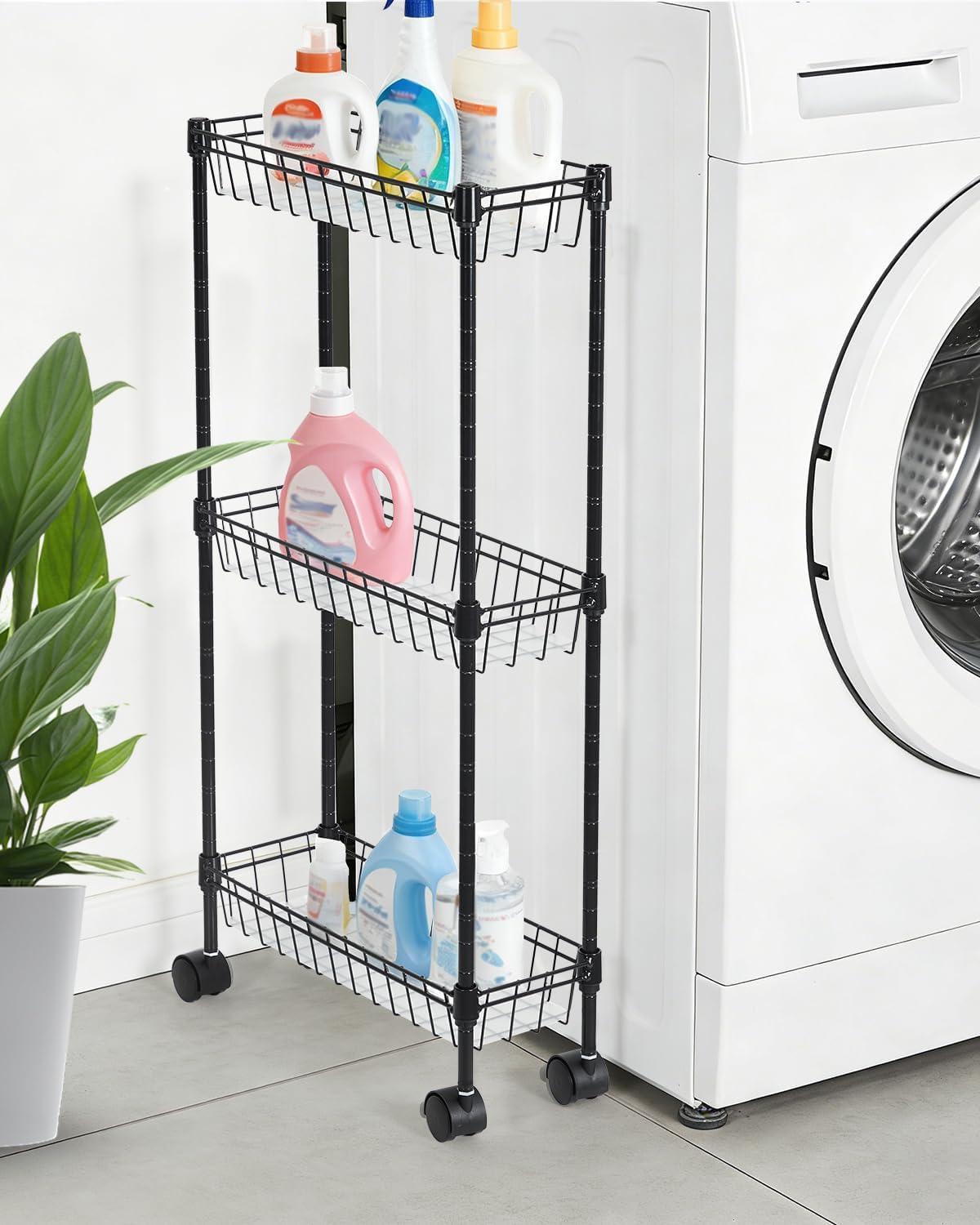 GarveeHome Slim Rolling Storage Cart, 4 Tier Metal Utility Cart with Wheels, Adjustable Shelving Unit Basket for Kitchen Bathroom Laundry Room Living Room & Narrow Corner, 15.75"X5.91"X31.5", Black