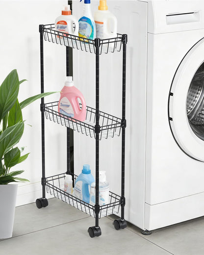 Slim Storage Cart 3 Tier, Bathroom Organizer Rolling Utility Adjustment Shelf for Small Spaces, Kitchen, Dining Room, Living Room, Bathroom, Black