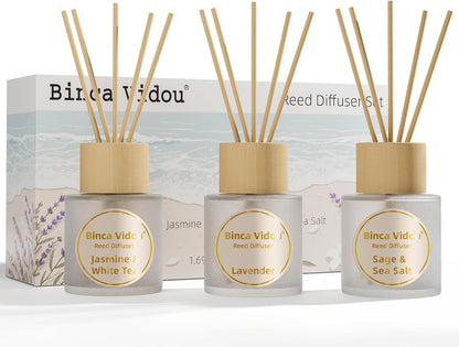 Reed Diffuser Set, Binca Vidou Lavender & Vanilla Natural Scent Oil Diffusers with Sticks for Home Office Bathroom Aromatherapy Decor 1.69oz x 2