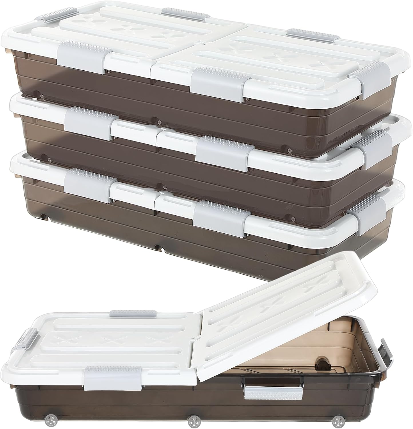 Beeveer 4 Pcs Plastic Under Bed Storage Container with Double Opening Lid Wheel Handle, Transparent Large Capacity Stackable Latching Festival Storage Bin for Closet Bedroom, 31.5x15.8x5.2 In(White)