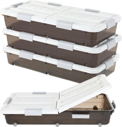 Beeveer 4 Pcs Plastic Under Bed Storage Container with Double Opening Lid Wheel Handle, Transparent Large Capacity Stackable Latching Festival Storage Bin for Closet Bedroom, 31.5x15.8x5.2 In(White)