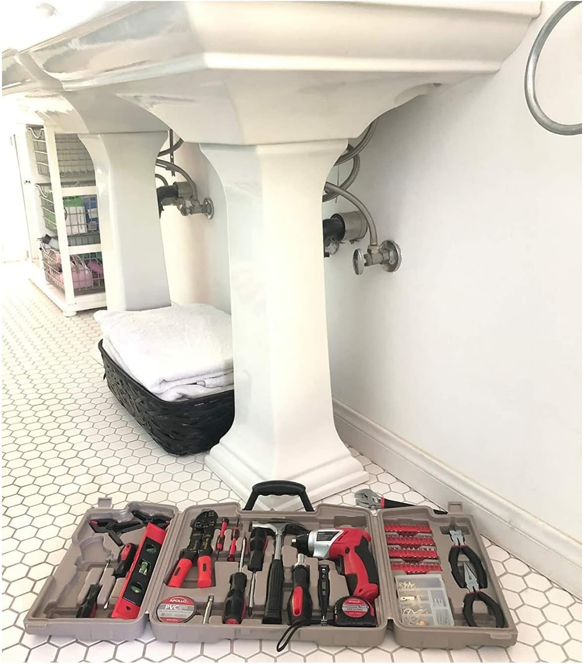 Apollo Tools 161-Piece Complete Household Tool Set with 3.6 Volt Lithium-Ion Cordless Screwdriver and Most Needed Hand Tools Selection for Boats, Vehicle and Garage - Red - DT0739