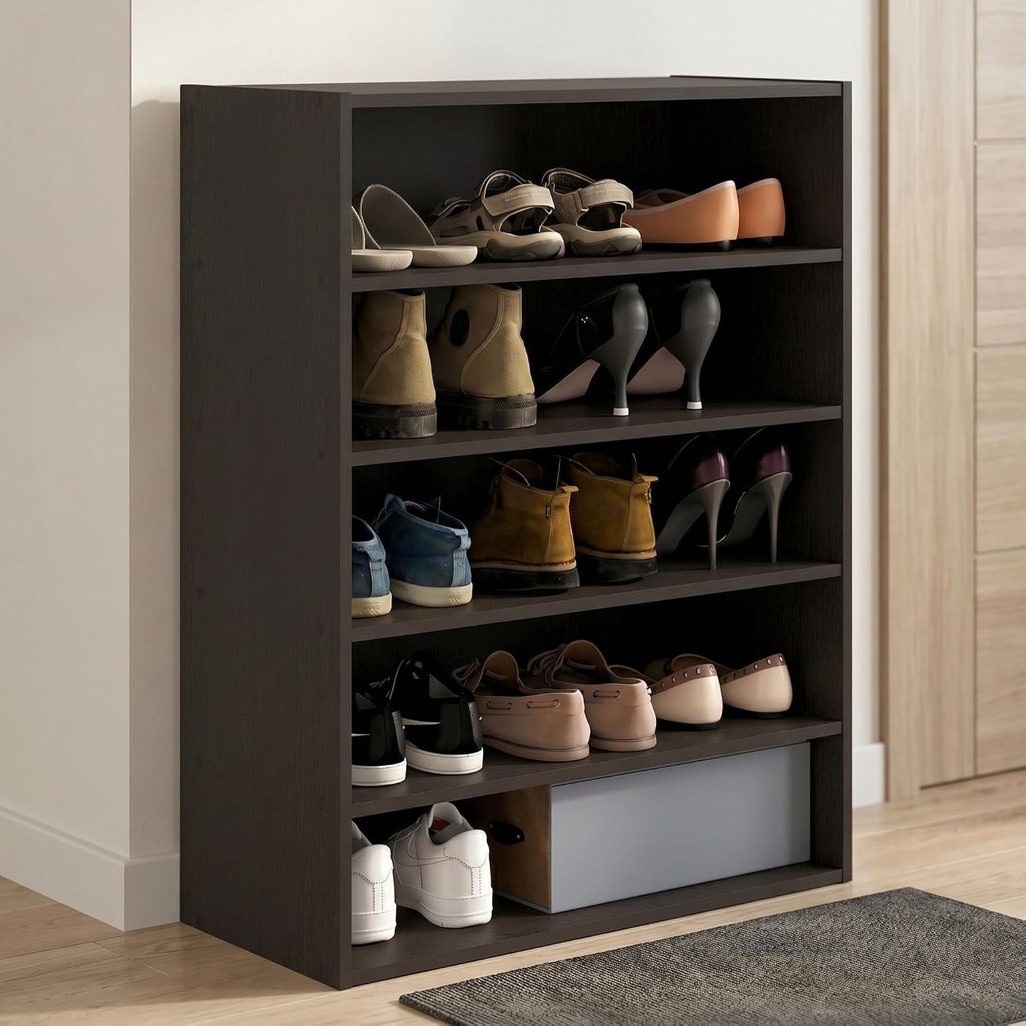 5-Tier Shoe Organizer, Stackable Shoe Rack, Shoe Storage, 11.4 x 24.2 x 31.5, for Office, Closet Entryway, Garage, Dark Oak