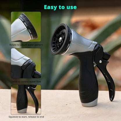 QUOBAS Metal Garden Hose Nozzle, Heavy Duty Water Hose Sprayer, Leak Proof | 10 Pattern Water Nozzle with Rubber Gasket, Garden Sprayer for Watering Plants, Washing Cars, Pet Shower, Blue