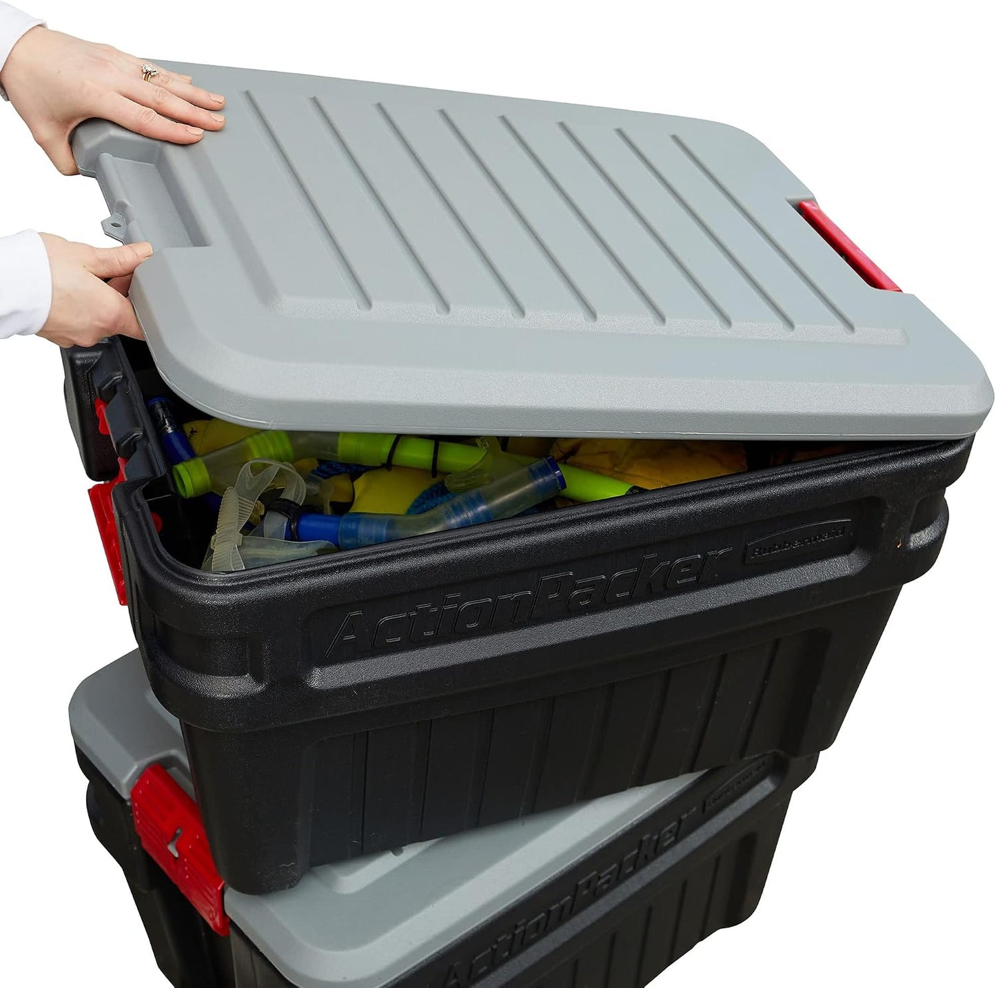 Rubbermaid ActionPacker 35 Gallon, Made in USA, Lockable Plastic Storage Bin with Lid and Wheels- Outdoor, Industrial, Rugged, Camping Gear and Truck Bed Storage - Gray and Black