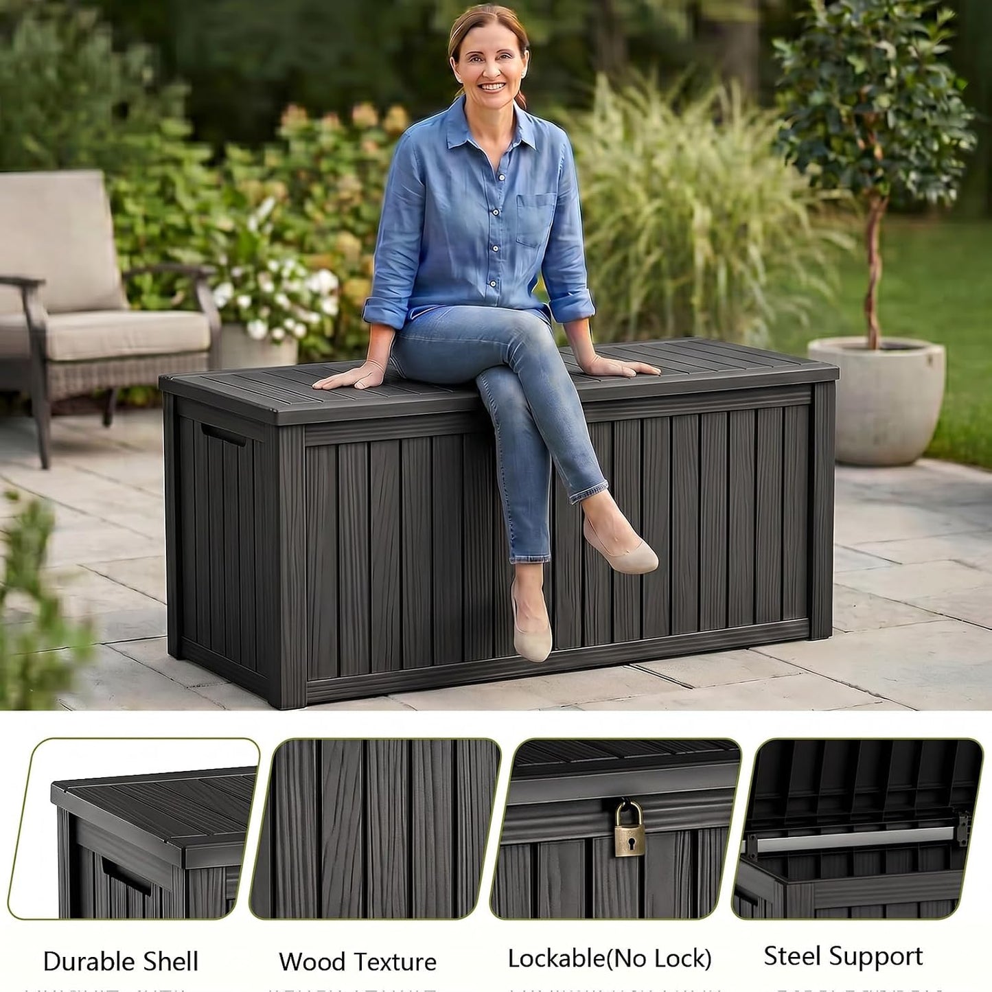Waterproof Outdoor Storage Box Outside Deck Box Lockable Resin Bench UV Resistant Furniture Cushion Pool Tool Float Bin Patio Garden Porch (Black, 120 Gallon)