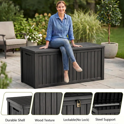 Waterproof Outdoor Storage Box Outside Deck Box Lockable Resin Bench UV Resistant Furniture Cushion Pool Tool Float Bin Patio Garden Porch (Black, 120 Gallon)