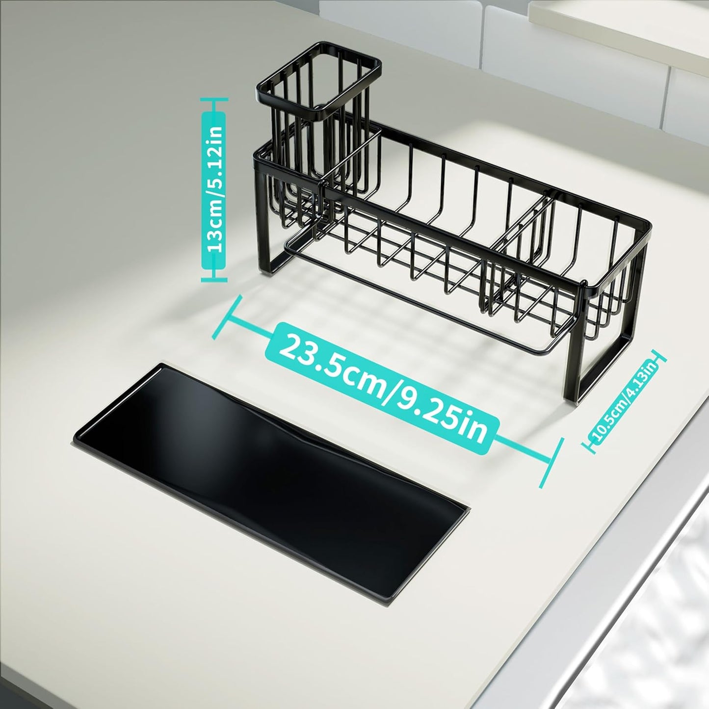 HapiRm Sponge Holder for Kitchen Sink - Self-draining Sink Caddy with Brush and Dishcloth Holders, Stainless Steel Kitchen Countertop Organizers and Storage Essentials - Black