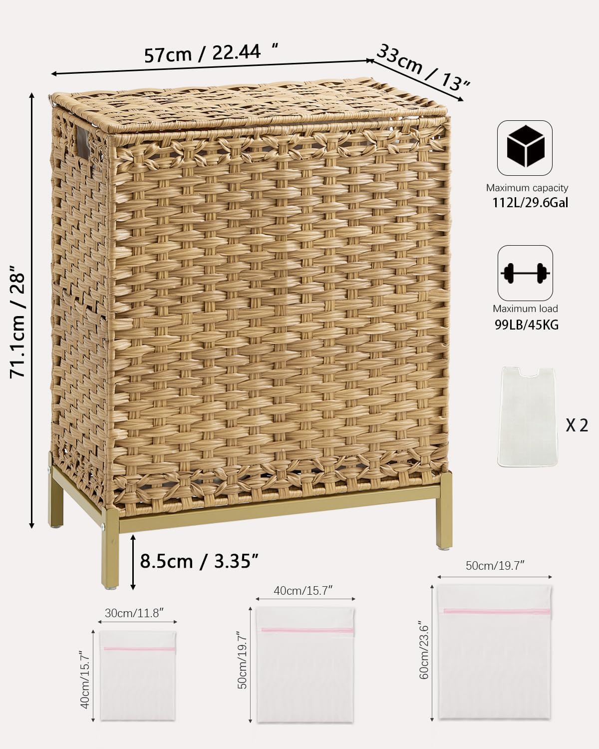 SETVSON Laundry Hamper with Lid 132 L, (35 Gallons) Clothes Hamper with Lid, Handwoven Rattan Laundry Hamper with Metal Heightened Feet, Laundry Hampers with 3 Removable Liner Bags for Laundry-Natural